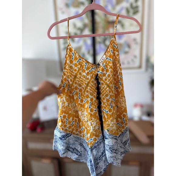 NWT THML Tasseled Front Handkerchief Hem Tank Top Yellow Blue Womens Size Large - Picture 1 of 9